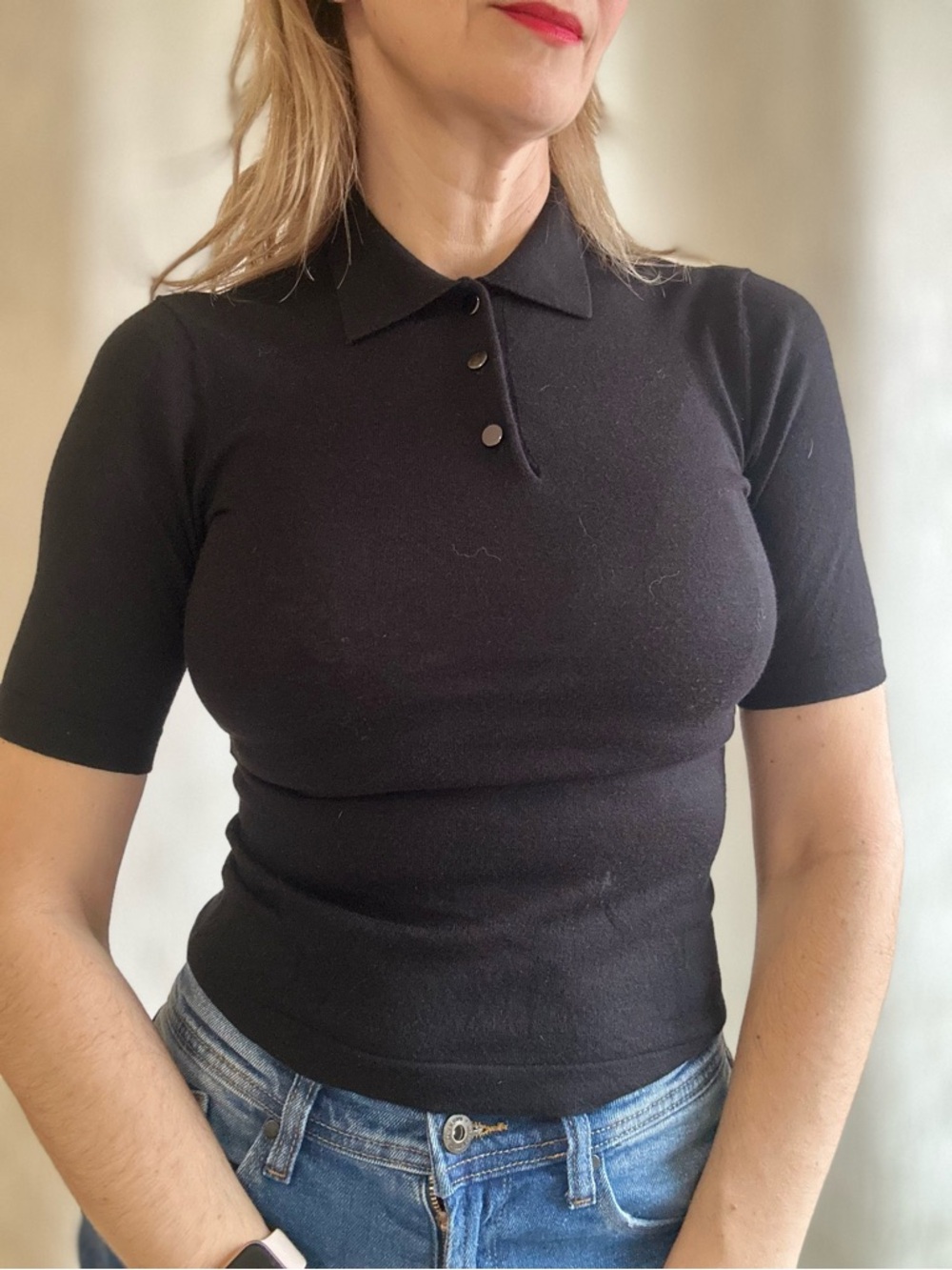 Judith & Charles Black Polo Knit Top with Shiny Buttons